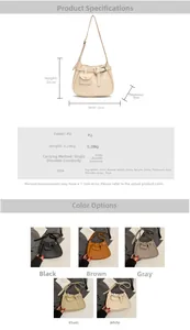 Detailed size chart for hobo bucket bag showing dimensions, material, and five color options