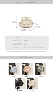 Detailed size chart and dimensions of the quilted rhombic mini backpack with color options