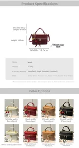 Size specifications and multi-color grid of wool crossbody bags with cherry charms