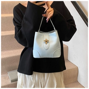 Close-up of light blue lychee pattern leather bucket bag with golden T-shaped twist lock