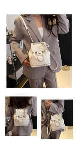 Detail of white mini backpack with pearl bow charm and chain strap in multiple views