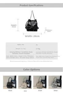 Detailed size chart for a large capacity PU leather bucket bag with multiple carrying styles