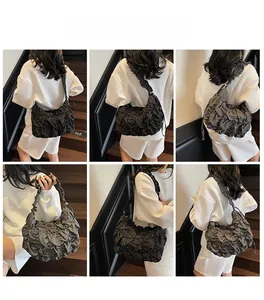 Detailed multi-angle views of black pleated puff shoulder bag showing capacity and style