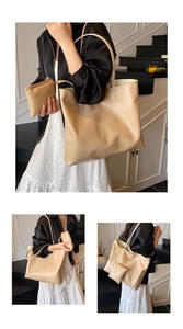 Detail shot of beige tote bag set with matching inner pouch and pebbled leather texture