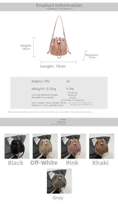 Detail showing dimensions and five color options for the pleated drawstring bucket bag