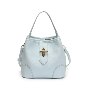 Light blue bucket bag in litchi grain leather with golden twist lock and top handle