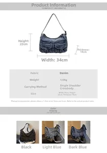 Size chart for denim tote bag showing dimensions 34x22x14cm and color options