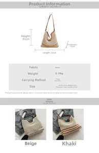 Detailed size specifications and material chart for hollow straw woven shoulder tote bag