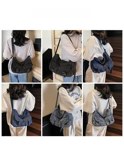 Detail shots of retro denim shoulder bag in black, dark blue and light blue washes