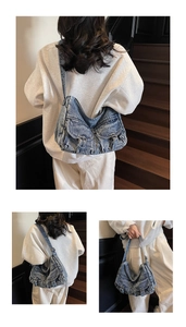 Detailed views of vintage washed denim motorcycle bag featuring multiple front pockets