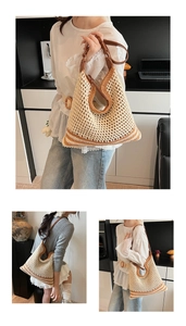 Detail of hand-woven hollow knit tote bag with striped base and brown leather strap