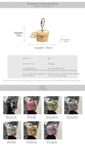 Detailed size chart and multi-color options for mini bucket bag with heart bead strap