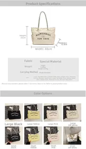 Tableau des tailles pour sacs cabas en toile de grandes et petites tailles avec détails