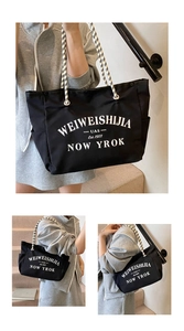 Détail du grand sac cabas en toile avec des poignées tressées à damier et lettres
