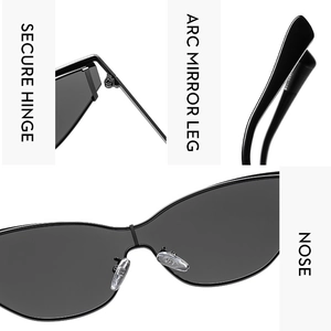 Detail view of secure metal hinges and adjustable nose pads on Y2K fashion sunglasses