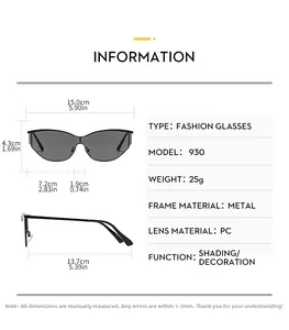 Size guide for Y2K metal sunglasses showing lens height, frame width, and arm length