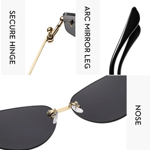 Détails des charnières dorées, branches courbées et plaquettes de nez sur lunettes sans bord