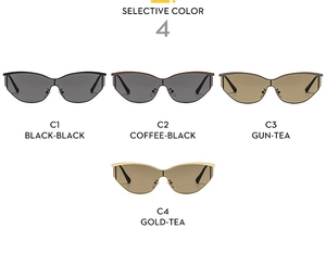 Four stylish Y2K cat-eye sunglasses variants in black, brown, gunmetal, and gold frames