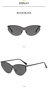 Front and side angles of Y2K metal cat-eye sunglasses with black lenses and slim frames