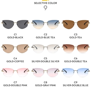 Nuancier de neuf lunettes de soleil œil de chat sans monture aux teintes dégradées
