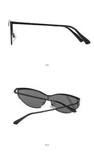 Detailed side and back view of black Y2K metal sunglasses with slim cat-eye frames