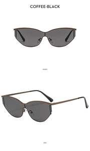 Front and side view of Y2K cat-eye sunglasses with coffee metal frame and black lenses