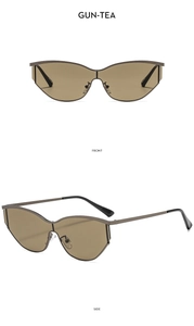 Front and side view of Y2K cat-eye metal sunglasses in gunmetal with tinted tea lenses