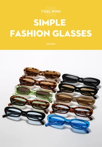 Detail view of colorful narrow cat-eye sunglasses showcasing frame colors and model numbers