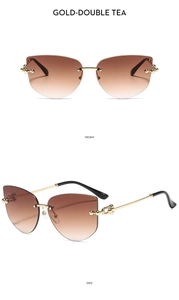 Lunettes de soleil œil-de-chat sans monture avec branches dorées et verres dégradés thé
