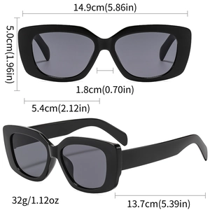 Detailed technical diagram of square black sunglasses with lens and frame dimensions