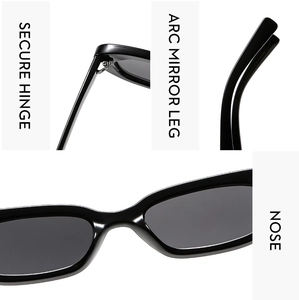 Detail view of secure hinges and curved temple arms on black rectangle sunglasses