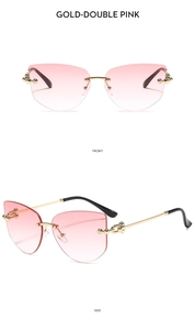 Vue de face et latérale des lunettes de soleil œil-de-chat sans monture dorées à dégradé rose