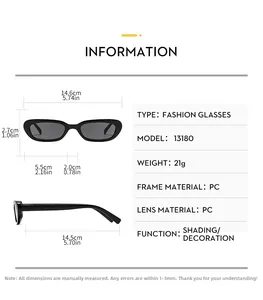 Detailed size specifications for narrow black cat eye sunglasses with PC frame measurements