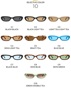 Matrix display of ten color options for slim cat-eye hip-hop sunglasses with SKU codes