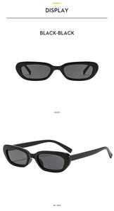 Front and 45-degree side views of vintage black oval cat-eye sunglasses for women