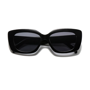 Front view of black square sunglasses with polished thick frames and dark grey lenses