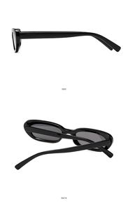 Side and back view of sleek black cat-eye sunglasses showing glossy temples and hinges