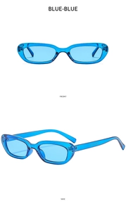 Front and side views of retro blue narrow cat eye sunglasses with resin frames