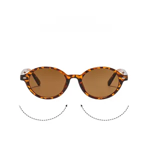 Detail view of oval tortoiseshell sunglasses with brown lenses and metal hinge accents