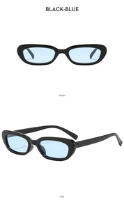 Front and side views of vintage black cat-eye sunglasses with light blue lenses