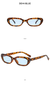 Demi-blue tortoise shell frame sunglasses with light blue lenses front and side views
