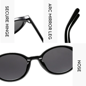 Detail view of oval sunglasses featuring secure hinges, arc legs, and comfort nose pads