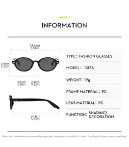 Detailed sizing chart and specifications for vintage oval sunglasses with PC frame