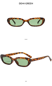 Detailed front and side views of demi-green cat eye sunglasses with tortoiseshell frames