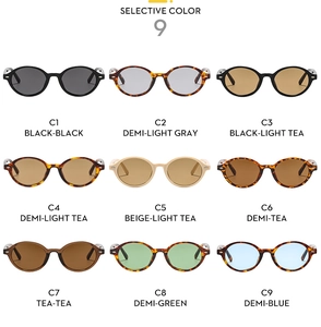 Detailed grid showing nine vintage oval sunglasses in various frame and lens colors
