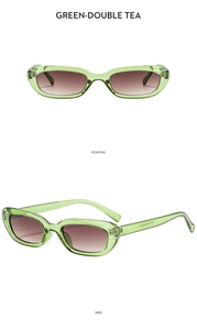 Detail view of green rectangle sunglasses with brown gradient lenses and frame specifications