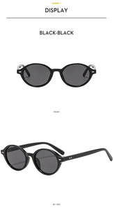 Front and side view of vintage oval sunglasses with black frames and dark lenses