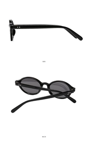 Side and back view of retro oval sunglasses with black frames and silver metal rivets