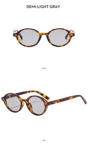 Front and side views of vintage oval sunglasses in demi tortoiseshell with light gray lenses