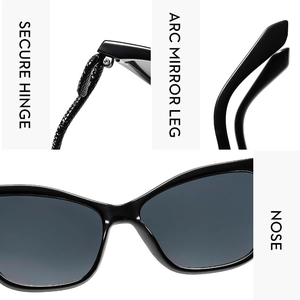Détails de lunettes œil de chat montrant charnières, branches et repose-nez